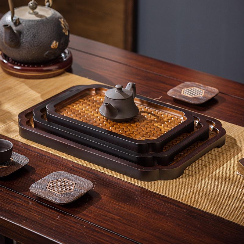 1PC Embossed Pattern Tray New Chinese Style Square Round Bamboo Tea Plate Household Desktop Decoration