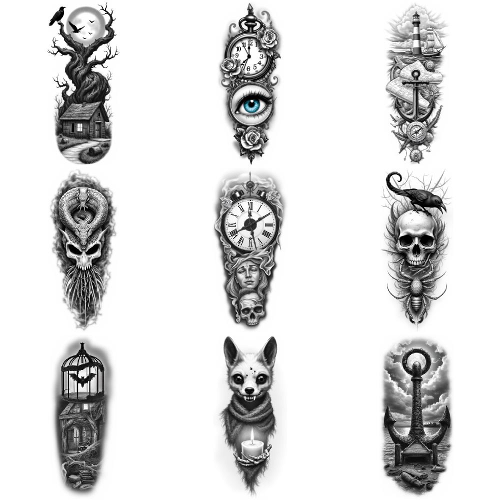 3pcs Temporary Tattoo Black And Grey Realism  And Moon Tree With House And Moon  With Lighthouse For Women Arms