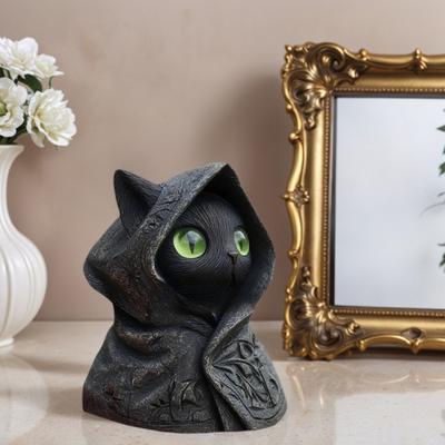 Yousheng Katze mit Kapuze Statue Harz Mysteriöse Schwarze Katze Figur Gotische Tischplatte Mini Katzen Skulptur Halloween Dekoration Geschenk für Katzenliebhaber