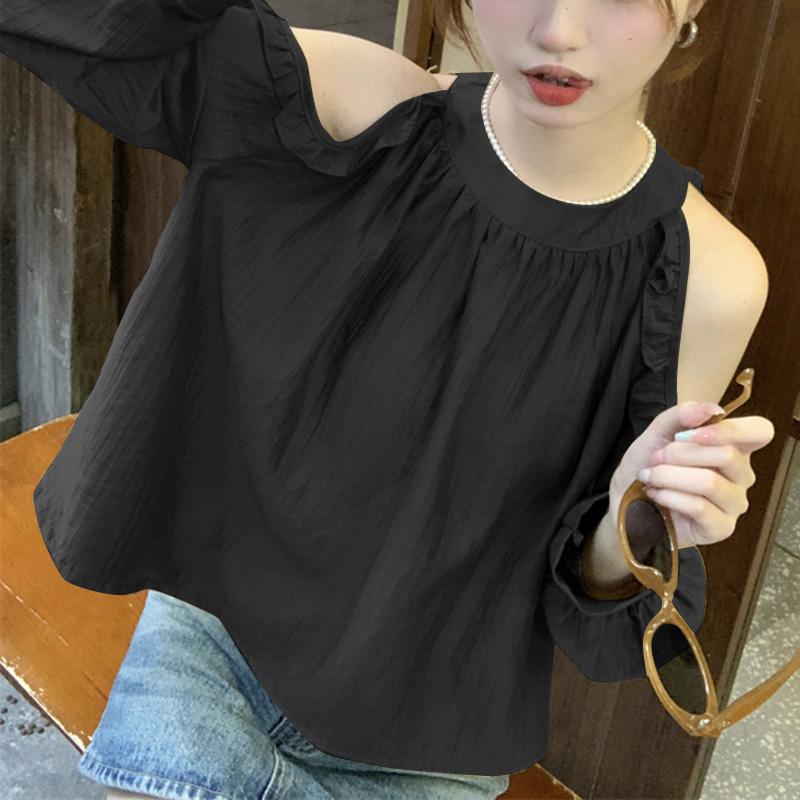 

VONDA Женские повседневные блузки с круглым вырезом и оборками на плечах с длинным рукавом XL чёрный