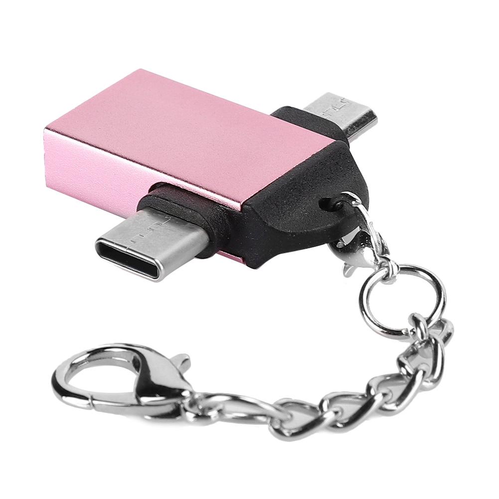 2PCS Aluminium Alloy Shell 2 In 1 OTG Converter USB 3.0 to Micro USB Type C Adapter with Chain for AndroidRose Gold