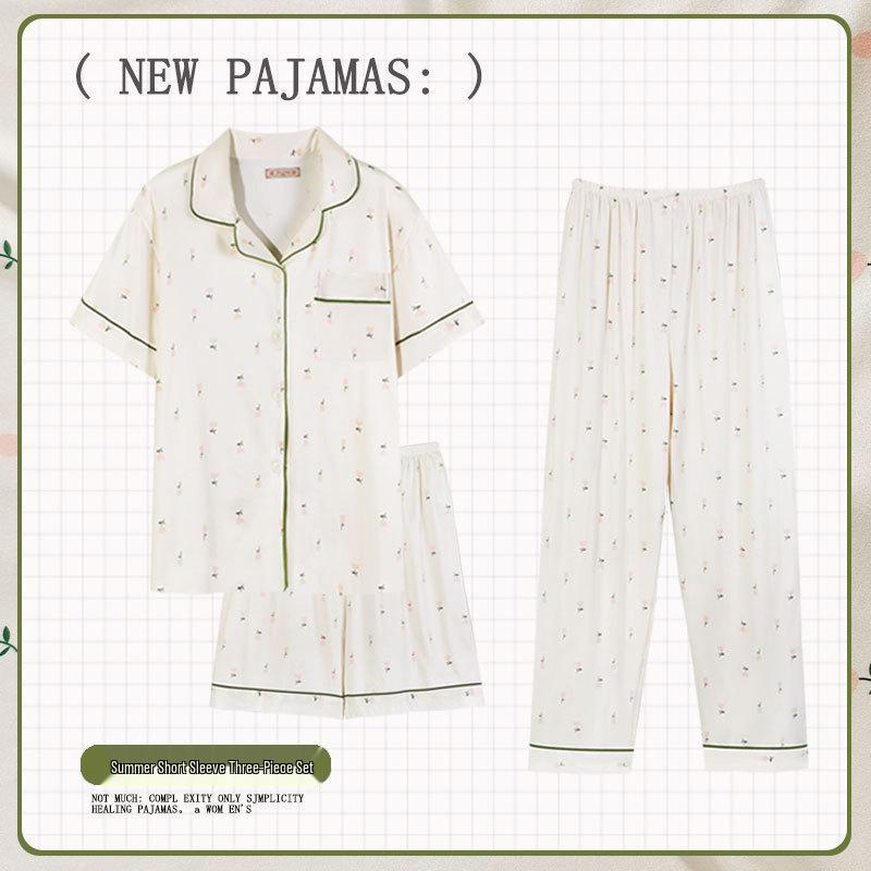 Pastoral Women's Pajama Set: Soft, Cute Rabbit Design, Short-Sleeve, Casual Three-Piece Loungewear.