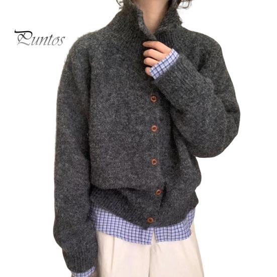 

Женский плюшевый свитер, пальто с высоким воротником, длинным рукавом, свободный крой, вязаный свитер, застежка на пуговицы, трикотаж темно-серого