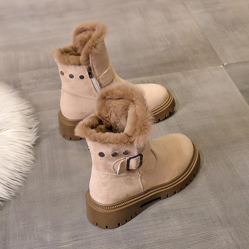 Fashion Aphixta Black Furry Modern Boots Buckle Design Ankle Boots Side Zipper Women Winter Boot 5cm Square Heel Botas Mujer Botines