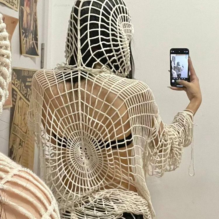 Y2k Clothes Vintage Spider Web Hollow-Out Hole Design Spice Girl Hooded Pullover Knit Top Sweater Women Korean Fashion Long Sleeve