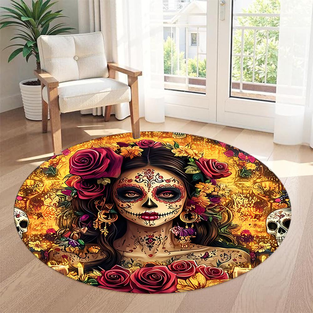 Skull Round Floor Mat Suitable for Outdoor Hallway Entryway Kitchen Antislip Round Carpet Anime Office Decor