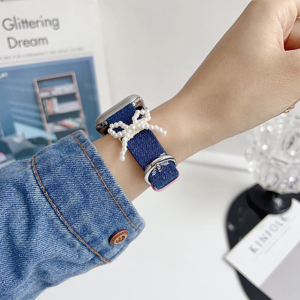 Wrist Strap for Apple Watch Series 10 Ultra 9 8 7 SE 6 5 4 3 2 1 46mm 49mm 45mm 44mm 42mm Pearl Bowknot Denim Leather Watch Band