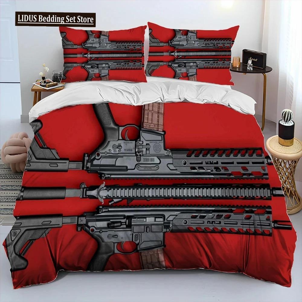 3D Gevär Revolver Patron Vapen Täckset Sängkläder, Påslakan Sängset Quiltöverdrag Örngott, King Queen Storlek Sängklädesset