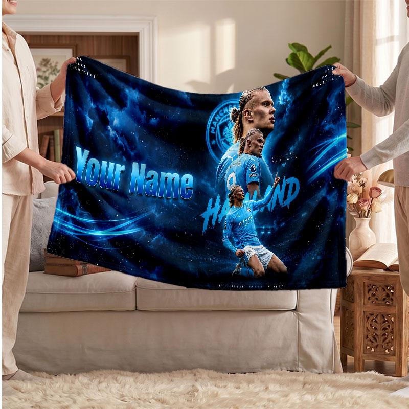 Erling Haaland Personalized Fleece Blanket With Football Logo, Custom Name Text Soft Warm Home Throw Blanket