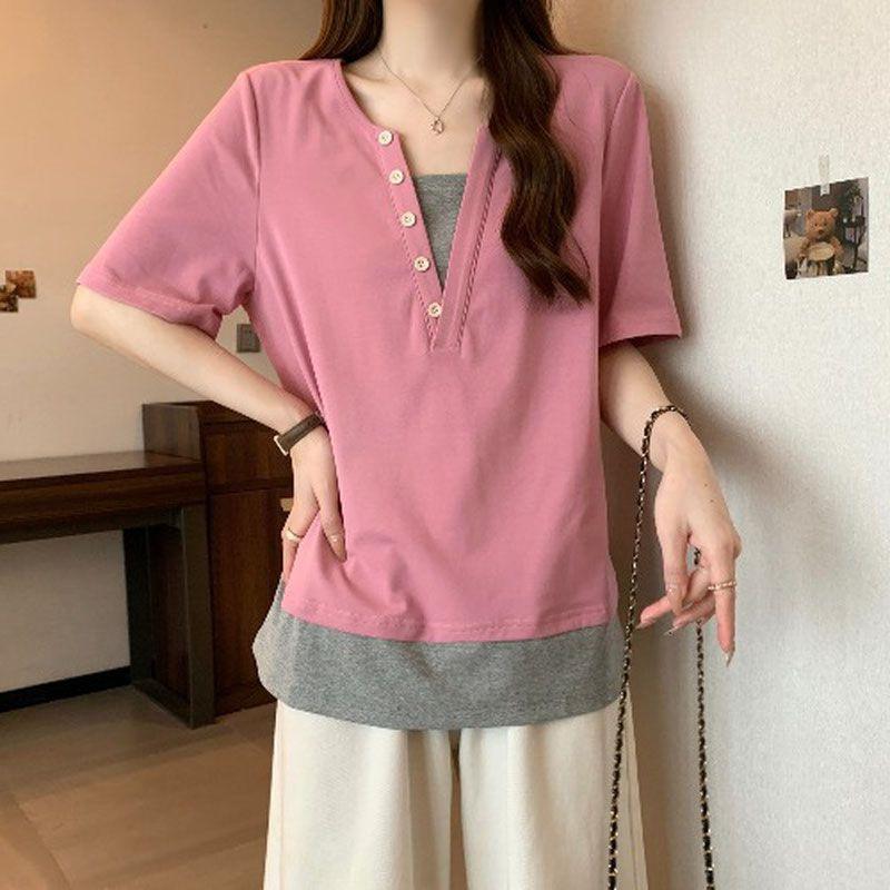 

YYFS женские модные повседневные летние весенние блузки и рубашки с короткими рукавами и v-образным вырезом с цветным принтом XXXL розовый