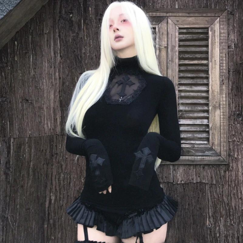 

Y2k чорний готичний хрест жіночий светр порожній Harajuku водолазка пуловери Японська мода тонкий трикотаж сексуальний M чорний
