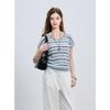 Sancai 2025 Summer Ice Silk Striped Round Neck Short Sleeve Drawstring Knit Top