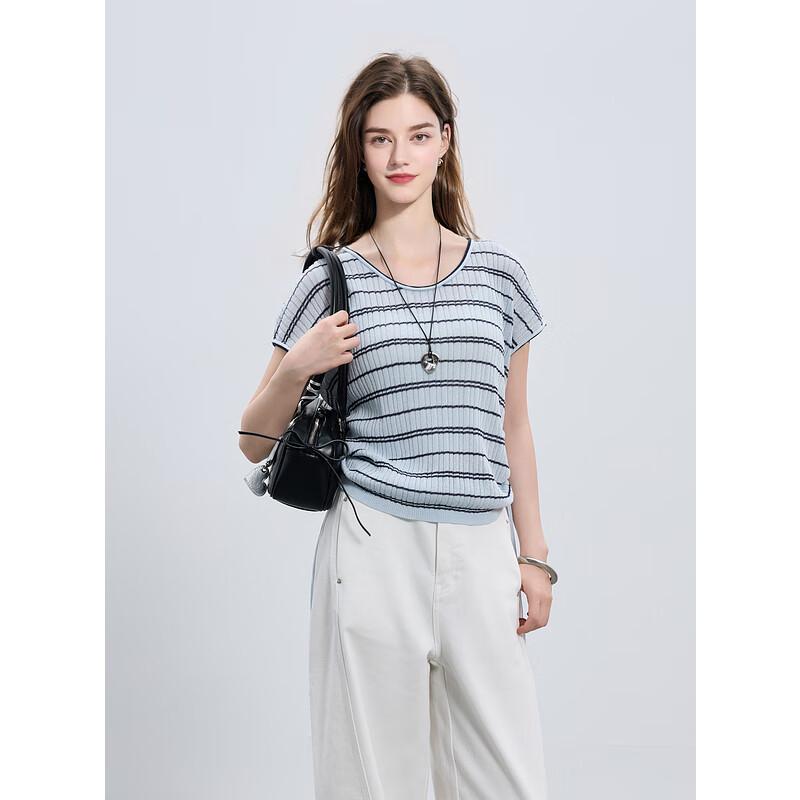 Sancai 2025 Summer Ice Silk Striped Round Neck Short Sleeve Drawstring Knit Top