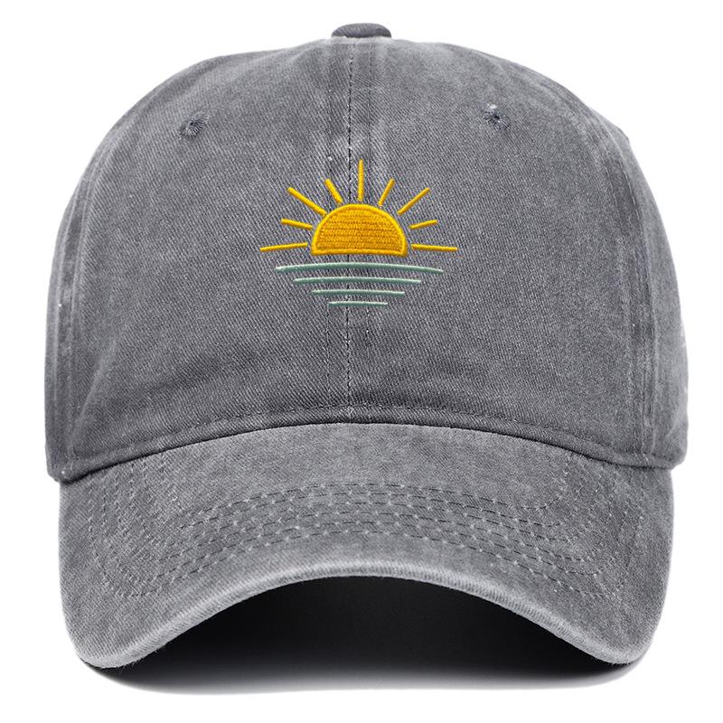 Unisex Vintage Washed Baseball Cap - Embroidered Beach Sunrise, Breathable & Sun Protective for Summer Outdoor Activities