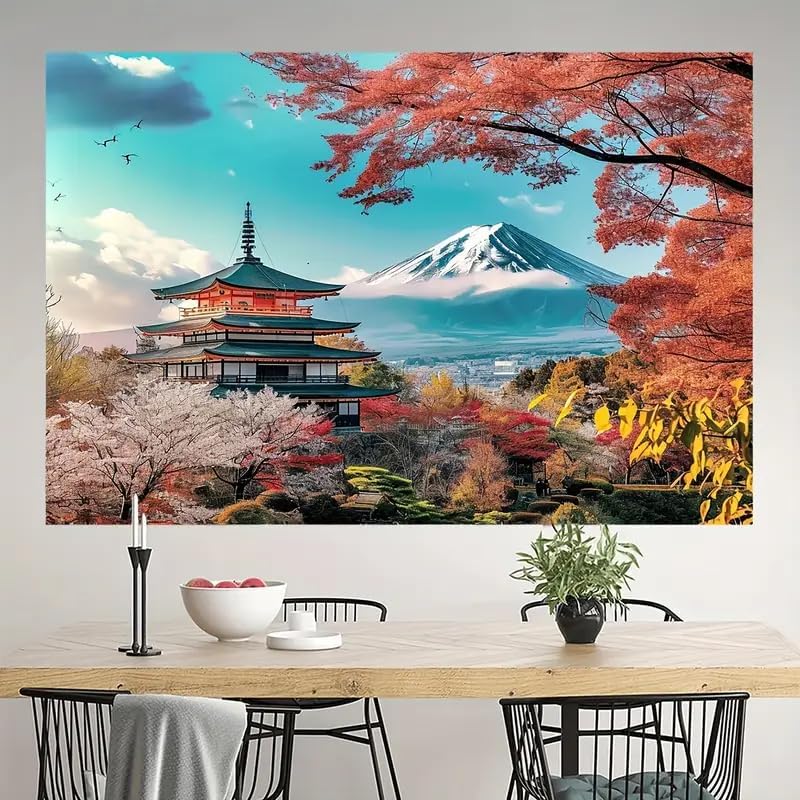 Japanese Pink Sakura Tapestry Cherry Blossoms Temple Mountain Fuji Japan Wall Hangings Tapestry for Bedroom Living Room Dorm