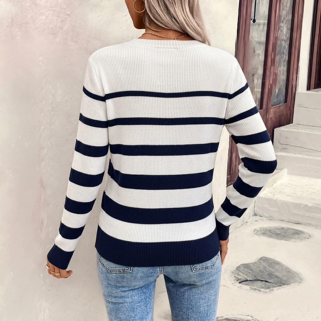 Women's Crew Neck Sweater, Striped, Button-Front, Long Sleeve, Slim Fit for Fall and Winter