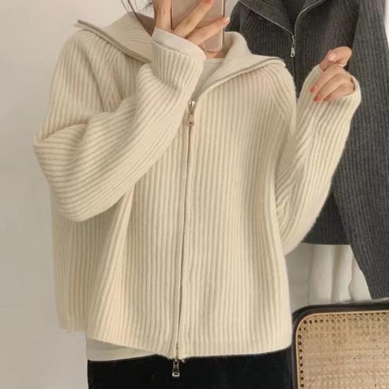 Damen Pullovermantel, einfarbig, Revers, lange Ärmel, doppelter Reißverschluss, Fliegendesign, Strickmantel, lässiger Pendlerstil, Oberbekleidung
