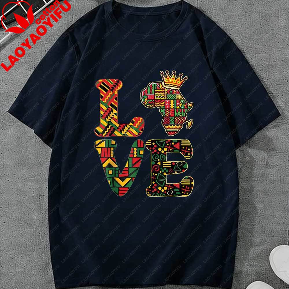 

Juneteenth LOVE Africa Map Crown Graphic TShirt African Tribal Pattern Pride Cotton Tops for Unisex Women Juneteenth Gift Apparel 3XL