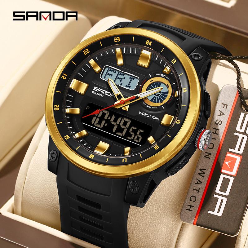 SANDA Multifunction Waterproof Digital Watch with Fluorescent Display, 29 Time Zones, Daylight Saving, 4 Alarms, Student-Friendly