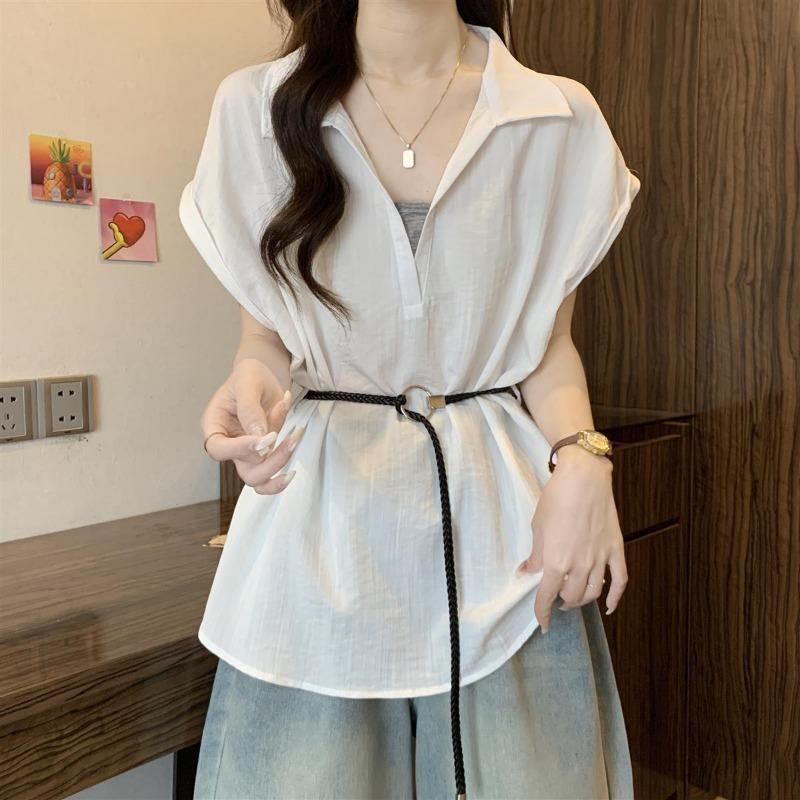 Women Lapel Sleeveless Cuffed Textured Blouse With Detachable Braided Belt Solid Loose Casual Daily Office Shirt S