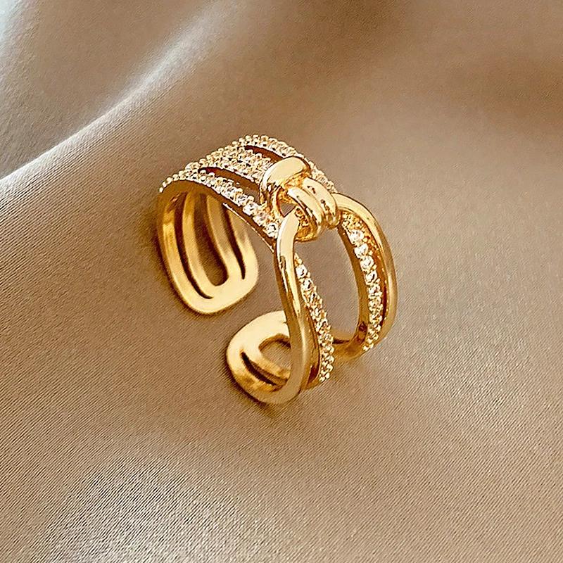 Pierścionek damski pozłacany srebrem próby 925, nieregularny, z pustym otworem, z błyszczącym cyrkoniem, geometryczny, modny, prosty, biżuteria na imprezę, prezent