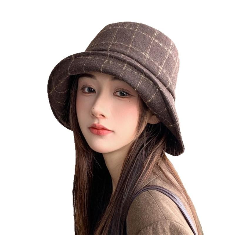 Retro style plaid bucket hat women's big brim shows small face versatile bow basin hat British style warm bucket hat