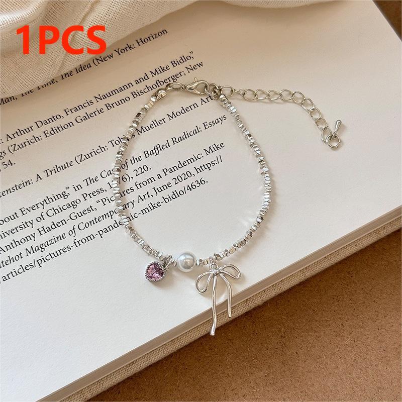 Romantic Pink Crystal Heart Pendant Bangles For Women Silver Color Small Square Bead Bow Bracelet Good Friend Jewelry Gift