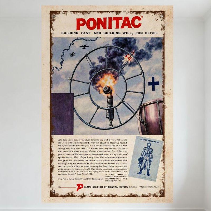 

Vintage Pontiac WWII War Theme Metal Sign, Mechanical Wheel Flame Black Smoke Military Planes, Pontiac Division of GM Retro Tin 20x30cm（7.8x11.8inch）