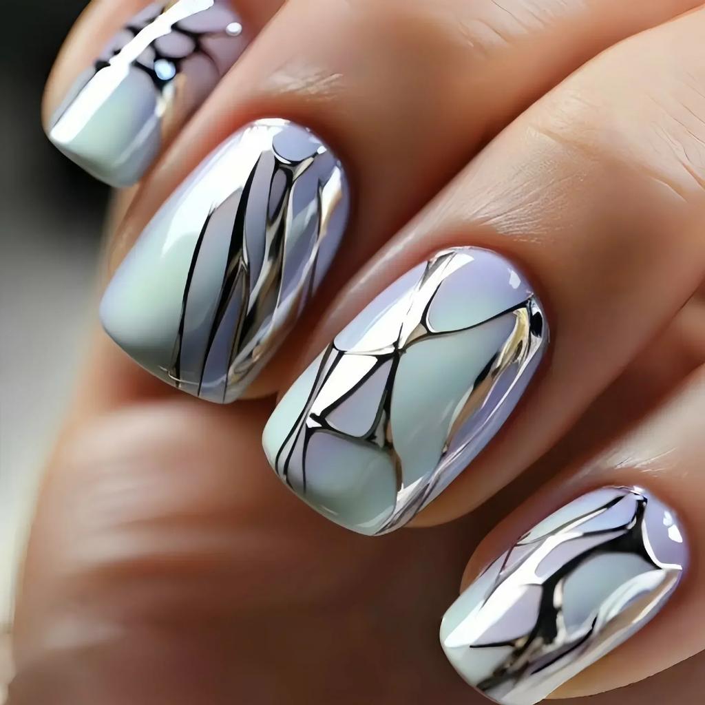 24pcs Short Square Press On Nails Jade Flower Sparkling Powder Designs Fake Nails with Glue Green Gradient Full Cover Nail Tips