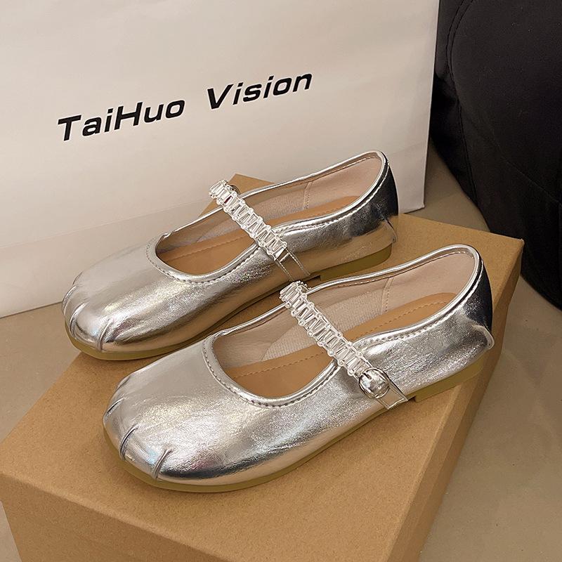 Flat-bottomed Rhinestone Light-mouth Silver Single Shoes Women's Summer New Models with Skirts, One-word Mary Jane Shoes