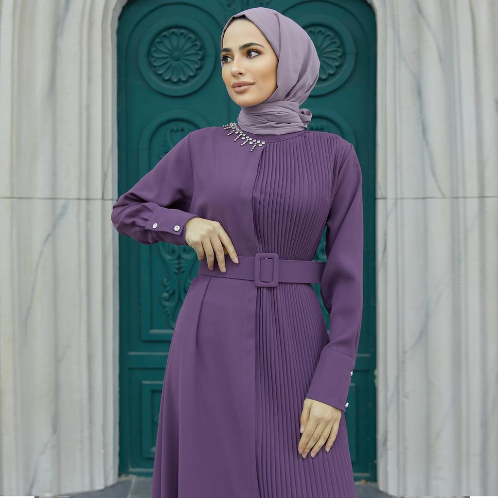 Plisowana sukienka z paskiem damska muzułmańska islamska długa Abaya