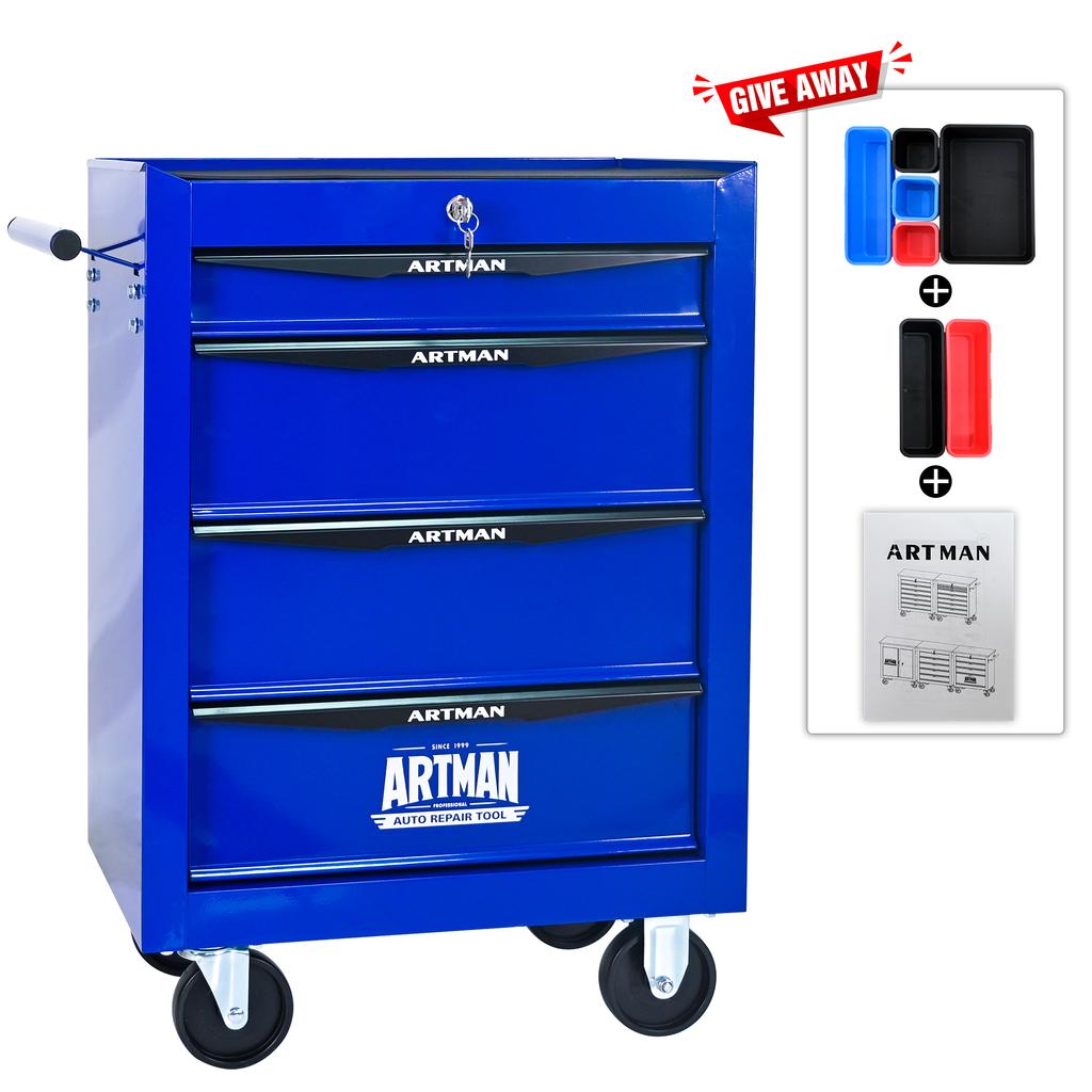 Mobile Metal Tool Cabinet with 4 Drawers, 508 mm (20 Inch) and Ball-Bearing Drawer Slides, Organizing Steel Tool Box - Black-Blue