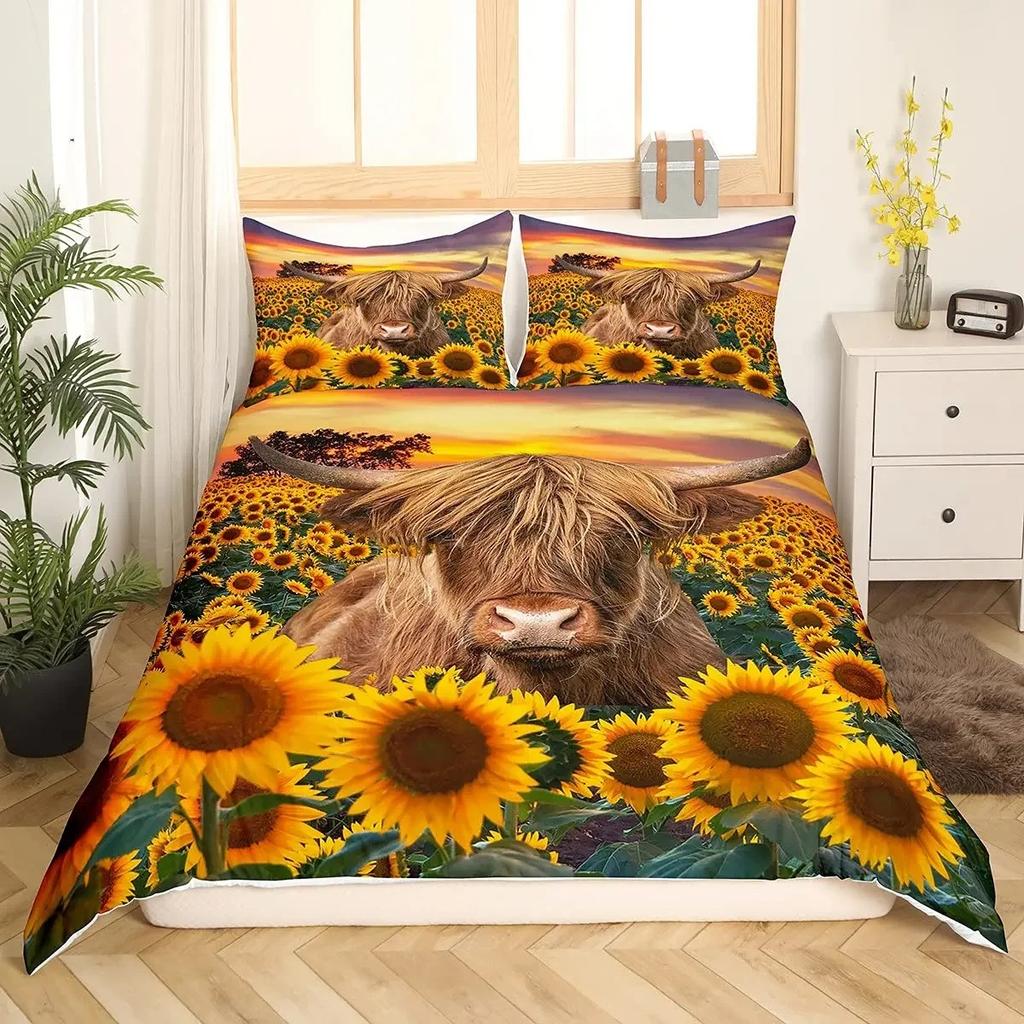Sunflower Cow Bedding Set Kids Yellow Floral Cattle Duvet Cover King/Queen Size for Girls Teens,Western Bull Decor Quilt Cover
