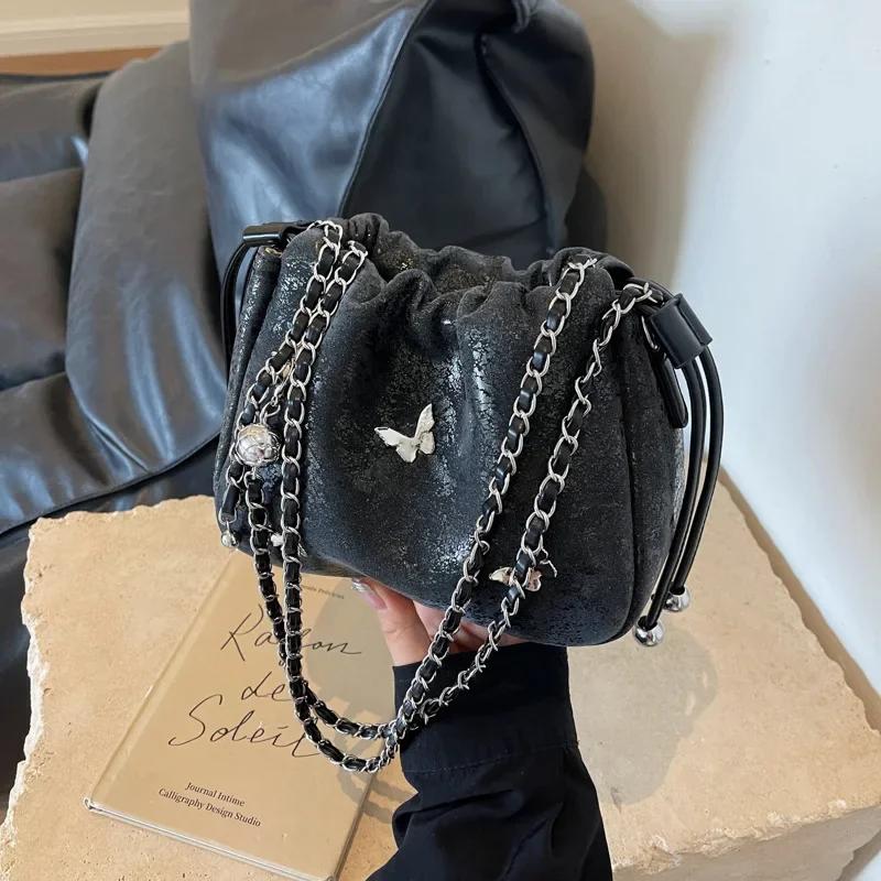 Single Shoulder Women's Crossbody Bag  Popular Small Silver Bag  New Butterfly Metal Design  Korean Cloud Style Bag