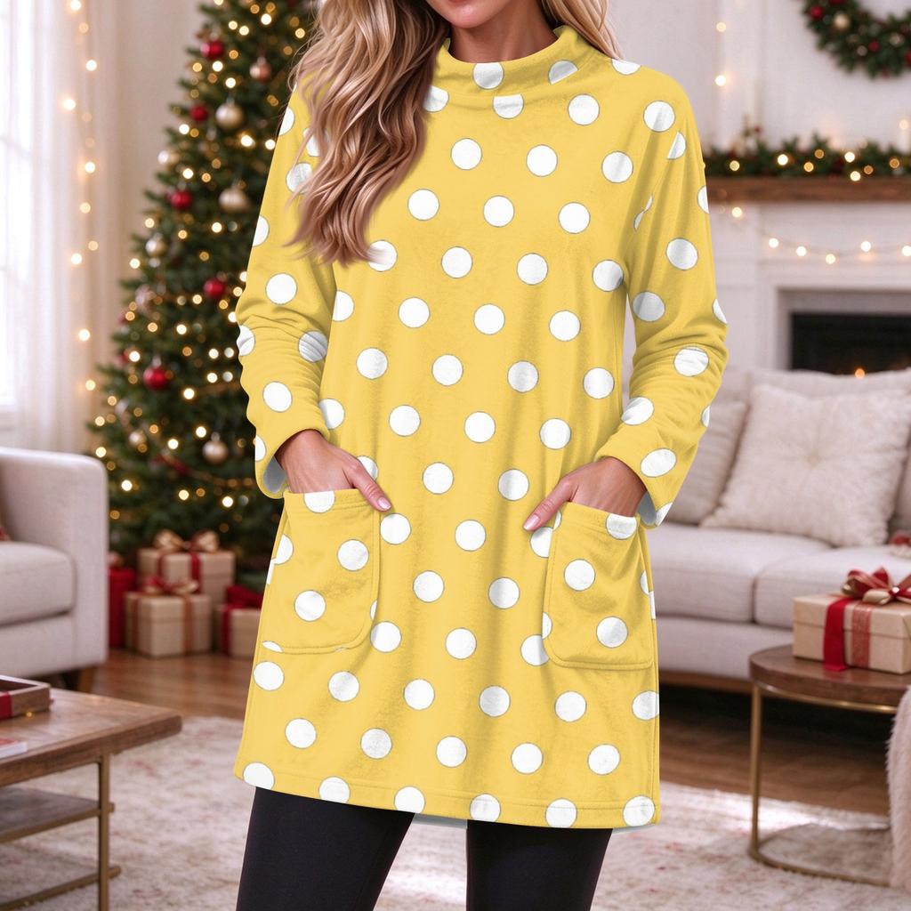 Women's Casual Flannel Polka Dot Print Pullover Top Long Sleeve Round Neck with Pockets