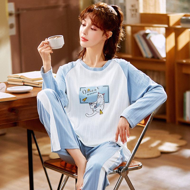 

Пижамные костюмы с длинными рукавами, женские весенне-осенние спортивные костюмы, одежда для сна, повседневная свободная зимняя домашняя одежда, пуловер больших размеров, хлопок XXXL светло-синий