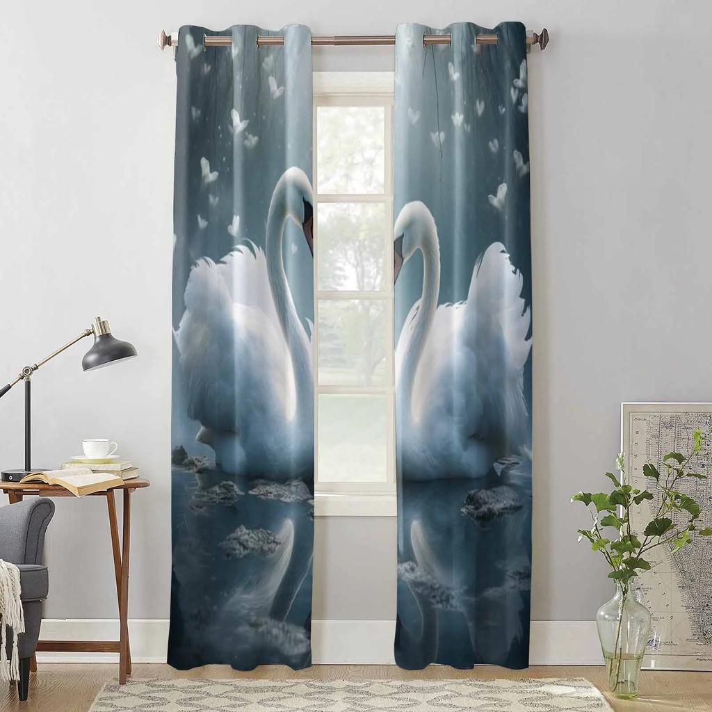 Valentine'S Day Love Swan Illustration Grommet Curtains for Bedroom Living Room Home Decor Window Treatments Drapes