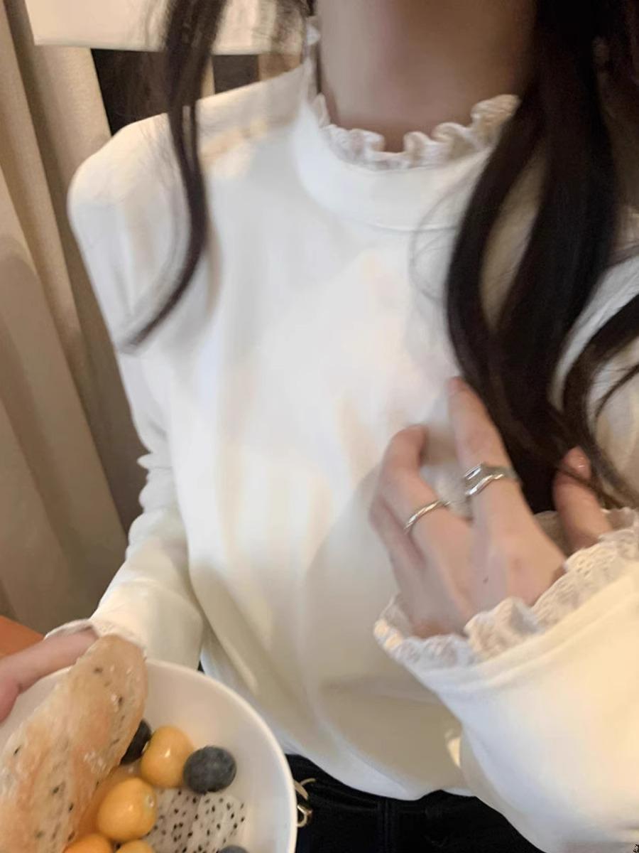 

Australian velvet splicing lace semi-turtleneck bottoming shirt T-shirt women s autumn and winter slim-fitting and thin warm inner S