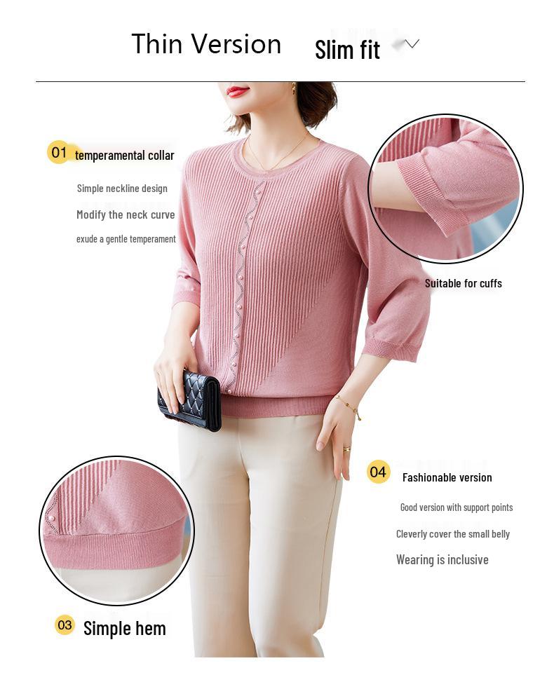 Stylish Thin Base Layer Knit T-Shirt for Middle-Aged Women, Small Size, Mid-Sleeve, Perfect for Spring and Autumn