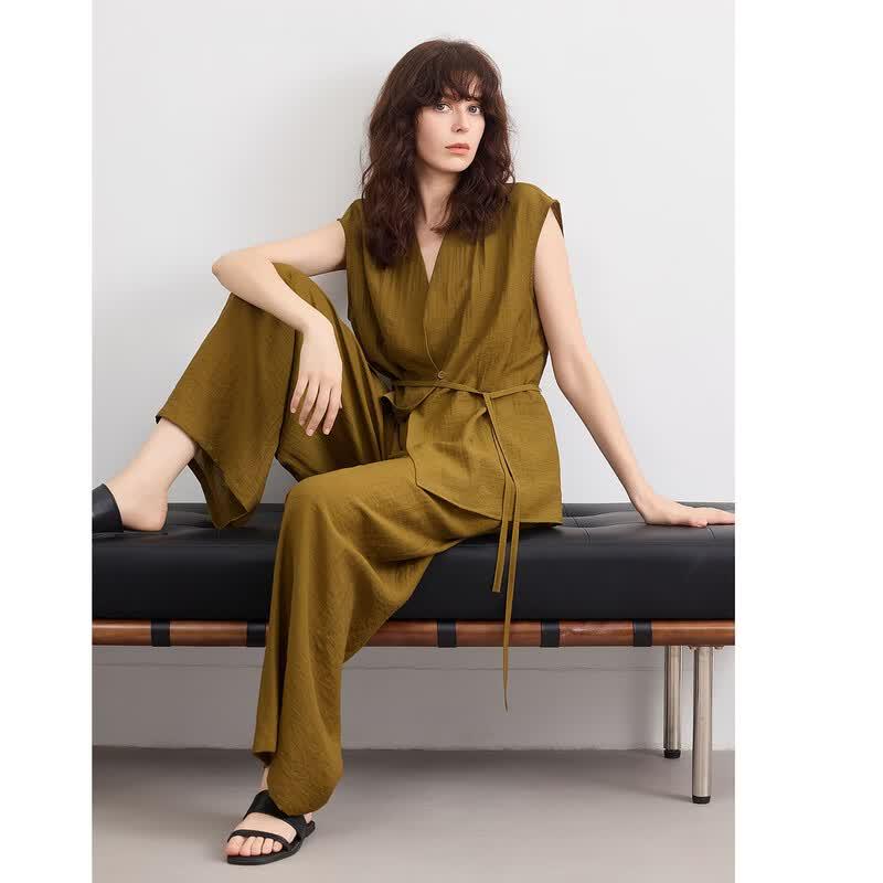 Demana Summer Minimalist V-Neck Sleeveless Top & Wide-Leg Pants Set
