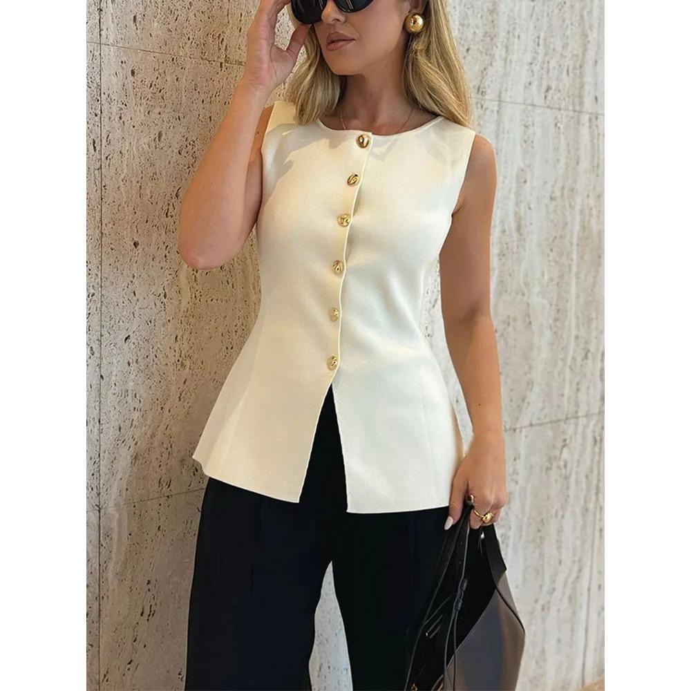 Fashion Golden Single Breasted Sweater Vest for Women Causal Sleeveless V-neck Slim Knit Cardigan Autumn New High Street Tops