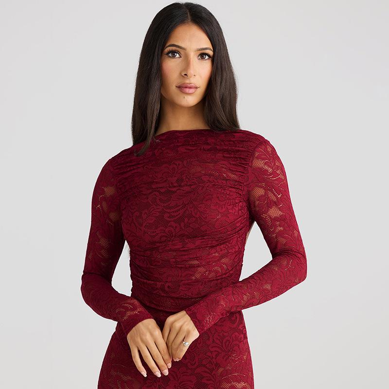 Backless Lace Floral Sheer Slimming Long Sleeve Street Style Dress