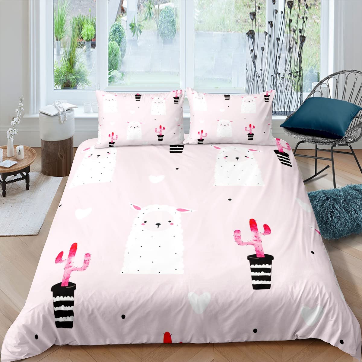 

Cartoon Llama Alpaca Bedding Sets Floral Quilt Cover for Kids Boys Girls 3Pcs Queen King Full Size Bedroom Decor EU single(135x200cm)