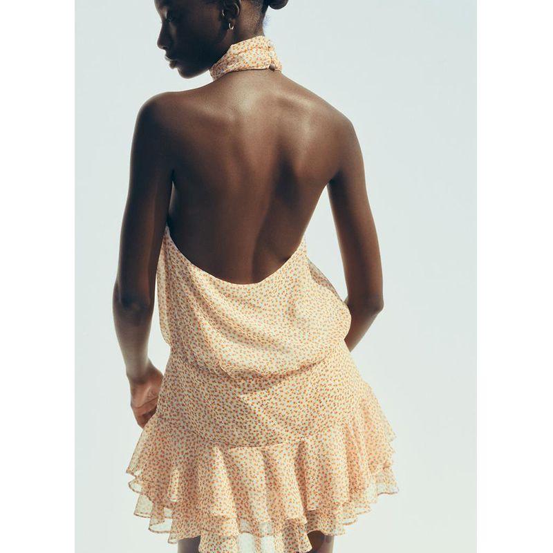 Summer New Product Women's Clothes French Open Back Lining Laminated Decoration Hanging Collar Print Dress 3156315