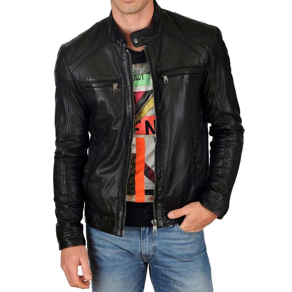 SkinOutfit Men's Genuine Lambskin Black Leather Jacket Stylish Motorcycle Bomber Biker Outerwear MJ 14