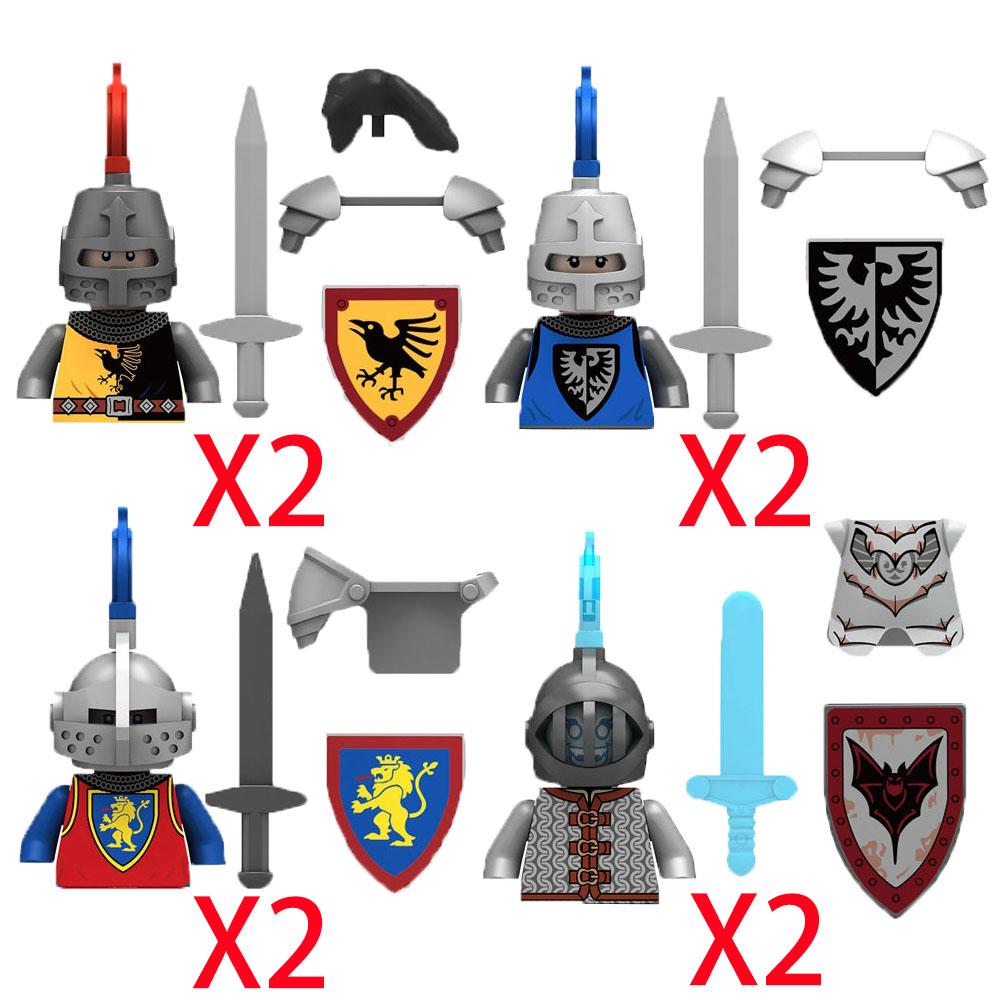 MOC Mittelalterliche Burg Rabe Schwarzer Falke Ritter Figuren Bausteine Infanterie Kriegswaffe Soldat Schild Schwert Rüstung Kinderspielzeug B143