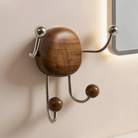 Rustikaler Saugnapfhaken 4 Haken Wandmontierter Organizer Kleiderbügel Holz-Kleiderbügel mit Edelstahlhaken für Eingangsbereich Schlafzimmer zu Hause