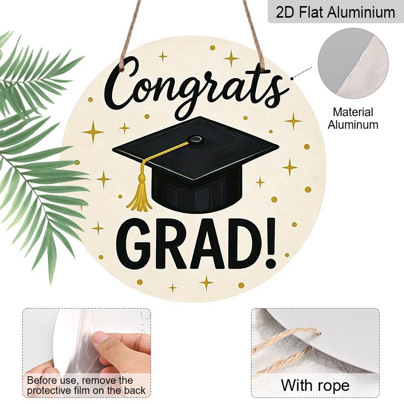 2D Flat, 1pc Round Aluminum Sign, "Congrats Grad!" Graduation Design, Simple Mortarboard & Gold Star Metal Wall Art, Minimalist Decor for Grad Party