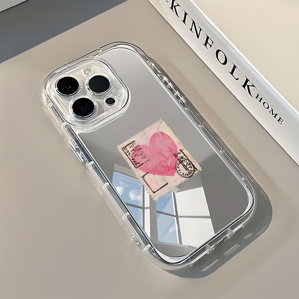 Pink Heart Stamp Pattern Back Mirror Phone Case For iPhone 17 16 15 14 13 12 11 Pro Max Air X XR XS 7 8 Plus Shockproof Cover iPhone 14 Pro Max