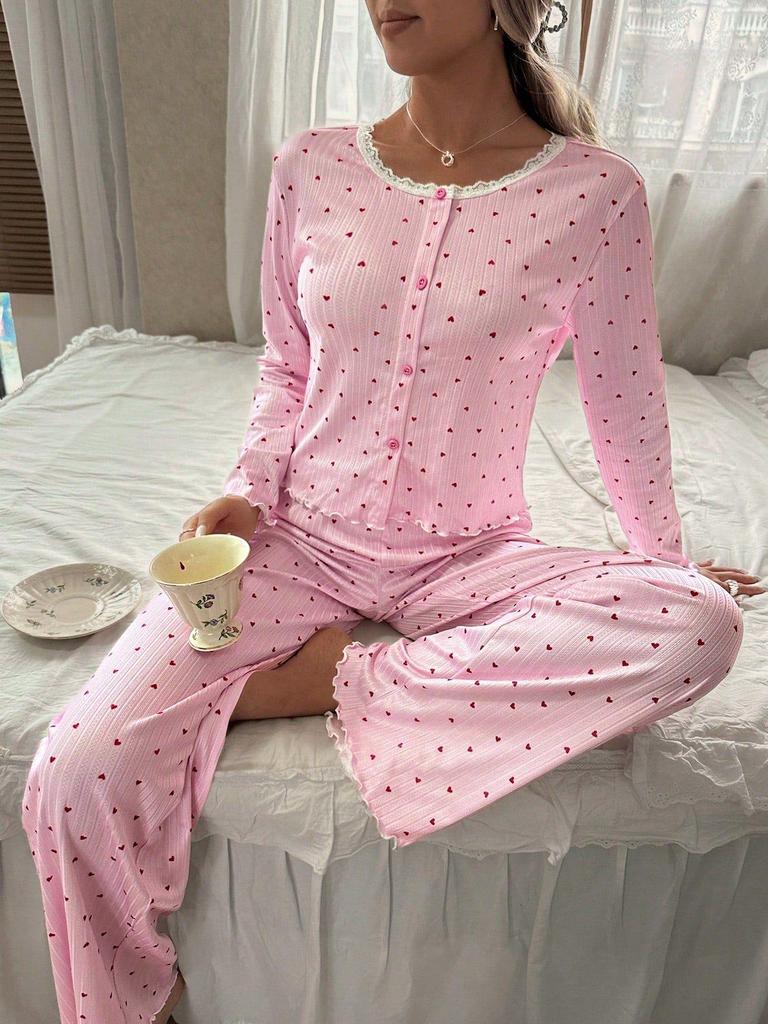 Women's European & American Lace Cardigan Pajama Set, Long-Sleeved Top & Pants, Autumn/Winter Style